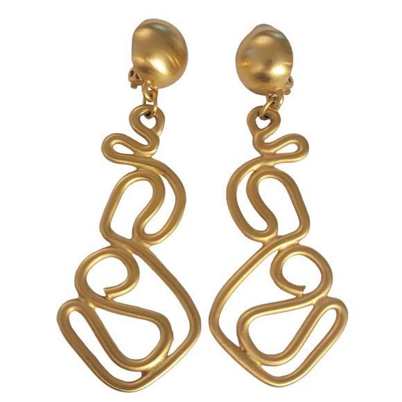 Unsigned Anne Klein Matte Gold Tone Modernist Snake Dangle Clip-On Earrings E59 - Picture 2 of 8